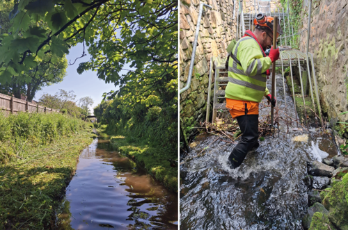 A verdant river with overhead greenery set against a blue sky and a Cormac worker in high-vis clothing clearing debris from a waterway